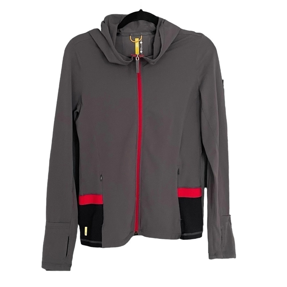 LOLE Women’s Zip Front Jacket Hood Grey Red Black M